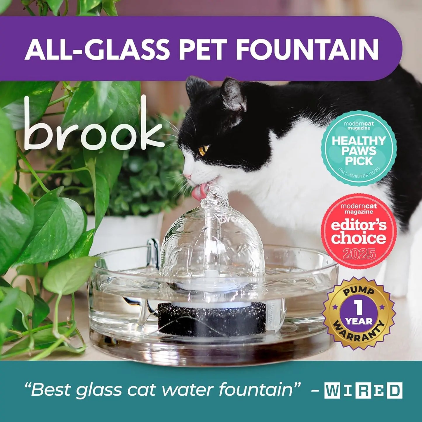 Fuente de vidrio de agua automática para mascotas (90 oz / 2,7 l)