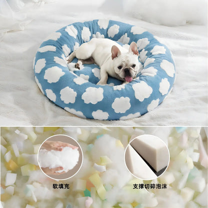 Cama Redonda para Mascotas – Cojín Suave con Diseño de Nubes, Todas las Estaciones