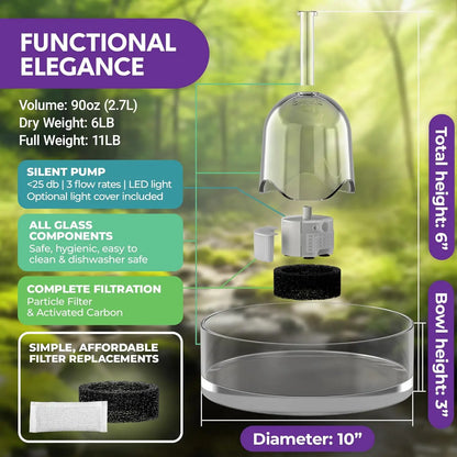 Fuente de vidrio de agua automática para mascotas (90 oz / 2,7 l)