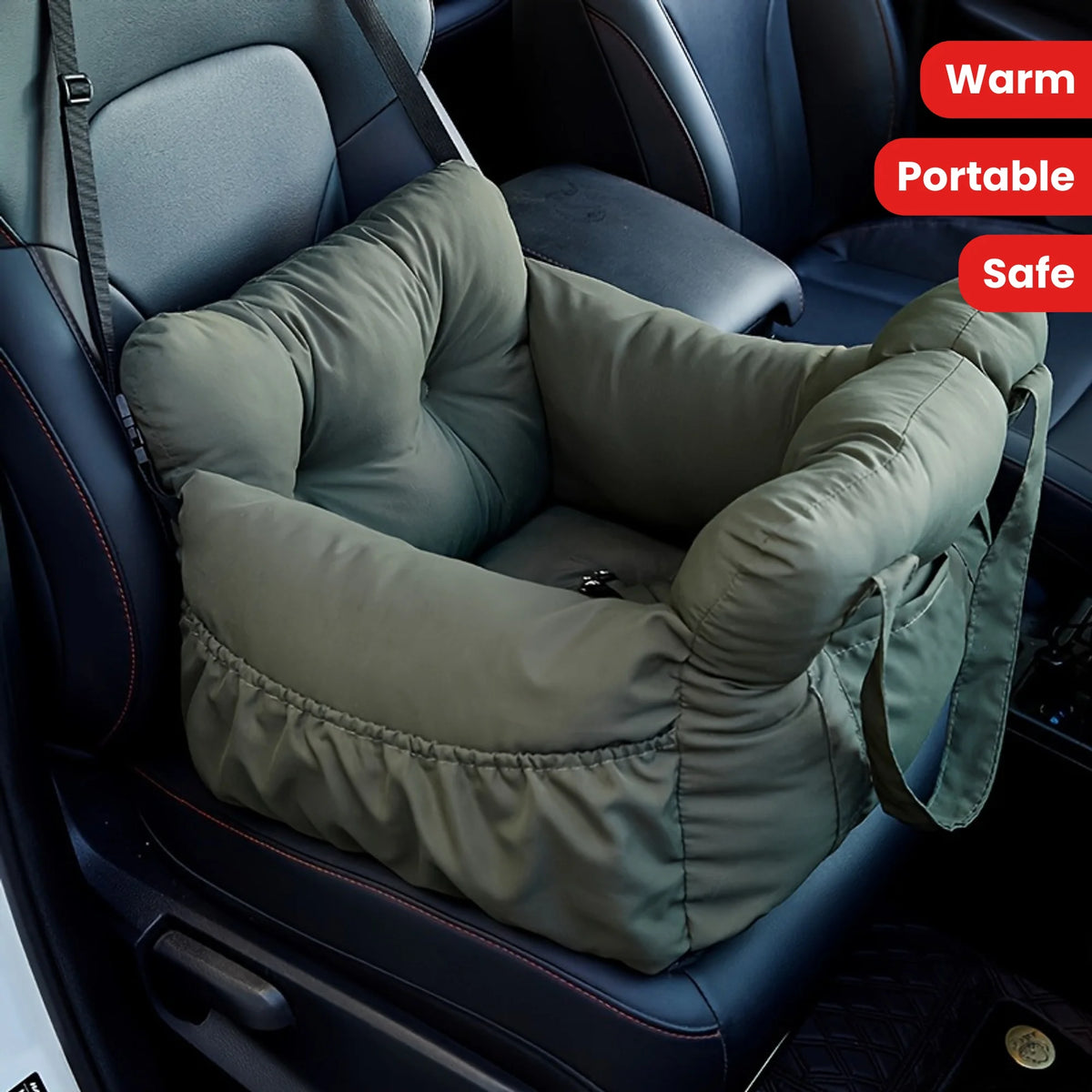 Asiento de coche para perros con cinturón de seguridad.