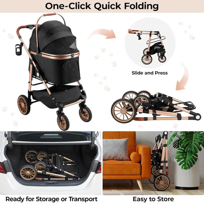 Carrito Plegable 3 en 1 con transportín, cesta de almacenamiento y portavasos.