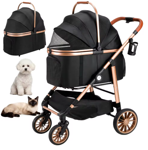 Carrito Plegable 3 en 1 con transportín, cesta de almacenamiento y portavasos.
