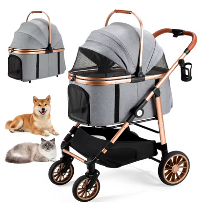 Carrito Plegable 3 en 1 con transportín, cesta de almacenamiento y portavasos.