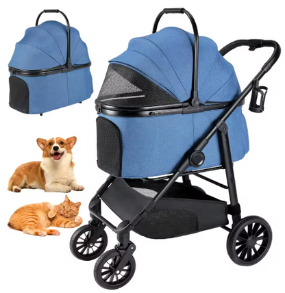 Carrito Plegable 3 en 1 con transportín, cesta de almacenamiento y portavasos.